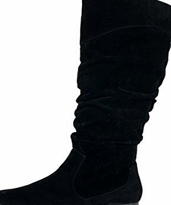 ByPublicDemand Martha Womens Flat Lace Detail Mid Calf Slouch Boots Black Faux Suede Size 5 UK