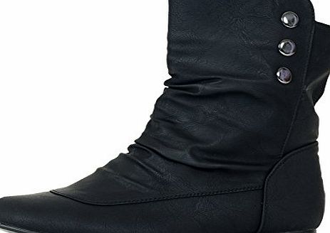 Willow Womens Pull On 3 Button Flat Ankle Boots Black Faux Leather Size 5 UK