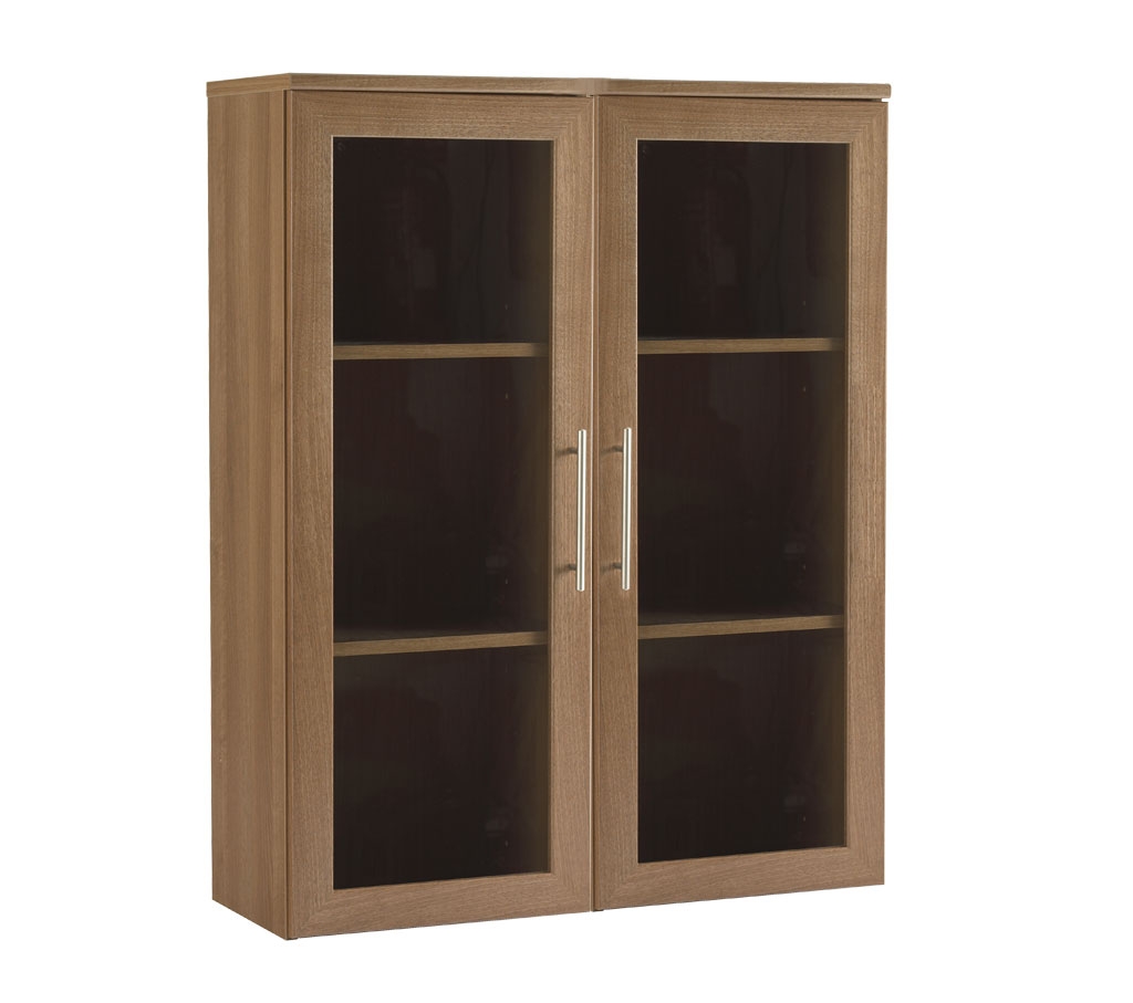 Walnut wide bookcase with glass doors