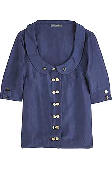 Navy silk dupion blouse with scoop neck and Peter Pan collar.