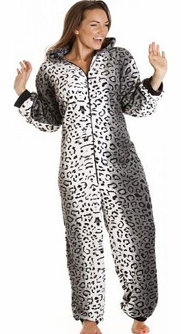 Womens Ladies Luxury Snow Leopard Cat All In One Onesie Fleece Pyjamas 10-24 12/14