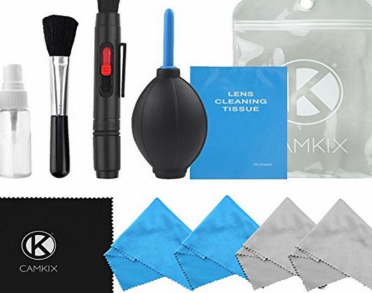 Camera Cleaning Kit for Optical Lens and Digital SLR Cameras including 1 Double Sided Lens Cleaning Pen / 1 Empty Reusable Spray Bottle / 1 Lens Brush / 1 Air Blower / 4 Premium Microfibre Cleaning Cl