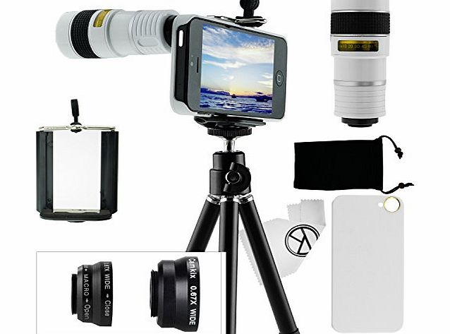 CamKix 9 Piece Camera Lens Kit for iPhone 5 including 1 White 8x Telephoto Lens / 1 Fish Eye Lens / 1 Macro Lens / 1 Wide Angle Lens / 1 Mini Tripod / 1 White Hard Case / 1 Universal Phone Holder / 1 