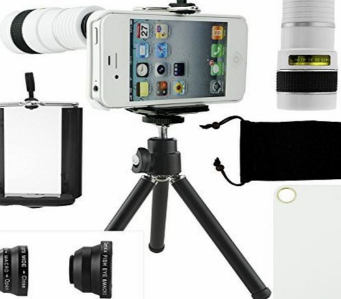 iPhone 4 / 4S Camera Lens Kit including 8x Telephoto Lens / Fisheye Lens / 2 in 1 Macro Lens and Wide Angle Lens / Mini Tripod / Universal Phone Holder / Hard Case for iPhone 4 & 4S / Velvet Phone