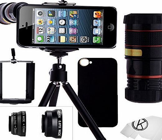 iPhone 5 / 5S Camera Lens Kit including 8x Telephoto Lens / Fisheye Lens / Macro Lens / Wide Angle Lens / Mini Tripod / Universal Phone Holder / Hard Case for iPhone 5 & 5S / Velvet Phone Bag / Ca