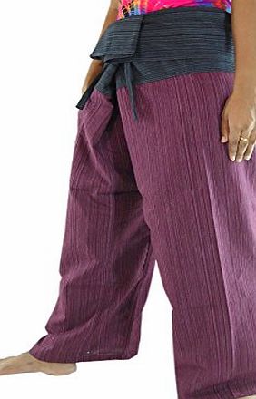 2 Tone Fisherman Trousers Summer Work Out Yoga Trousers One Size Striped Cotton (Black-Dark Red)