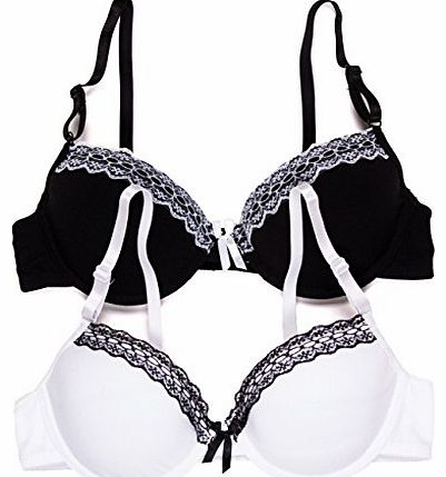 Caramel Cantina Girls 2 Pack of Bras with Lace Accents (32A, Black/White)