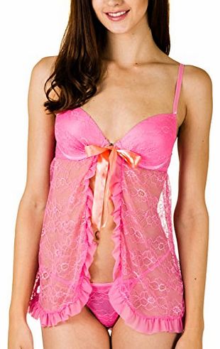 Juniors Lace Babydoll and Matching G-string Set with Built-in Push-up Bra (Medium, Pink)
