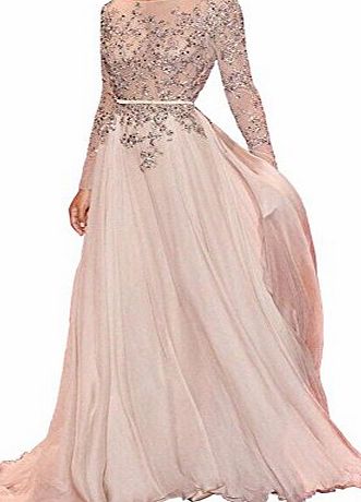 Carnivalprom Womens A Line Prom Gowns Crew Long Sleeve Chiffon Evening Dress Pearl Pink UK8