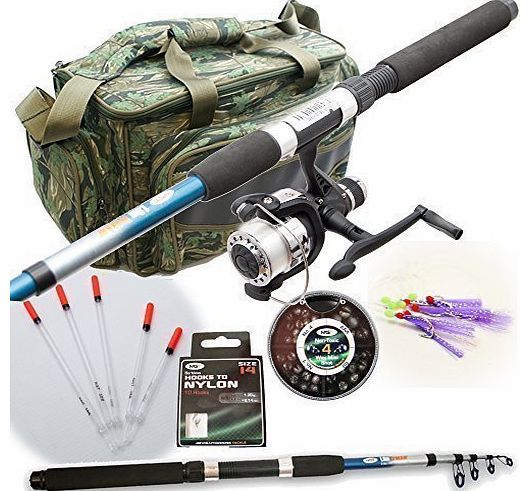 New Travel Starter Fishing Rod & Reel Set Up With Floats Feathers And Rod Bag