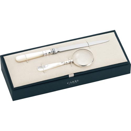 Carrs Of Sheffield Mother Of Pearl Magnifying Glass and Paperknife In Sterling Silver By Carrs Of Sheffield
