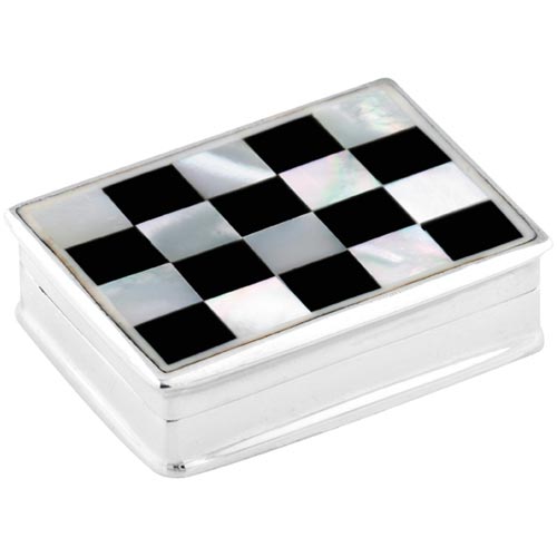 Carrs Of Sheffield Onyx and Mother Of Pearl Chess Inlayed Box In Sterling Silver By Carrs Of Sheffield