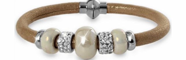 CASPAR Fashion CASPAR Womens Charm Bracelet with Pearl Beads and Sparkling Rhinestones - many colours - AZ601, Farbe:gold