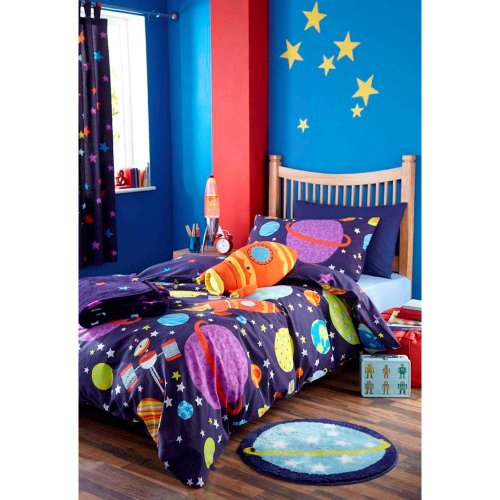 Catherine Lansfield Boys Blue Outer Space Rocket Single Duvet Cover - Nursery/Childrens Bedroom