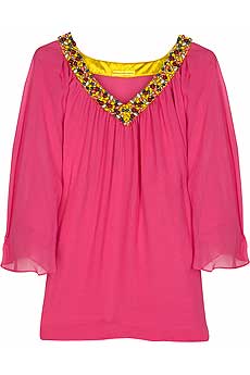 Pink layered chiffon blouse with multicolored beaded neckline.