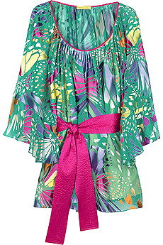 Multi-colored tropical silk poncho blouse with self-tie belt.