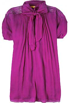 Fuchsia puff sleeve blouse with a large keyhole neck tie.