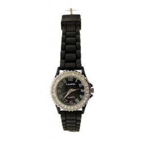 Black Diamante Womens Watch With Soft Rubber