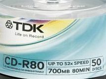 CD-R 80mins Tub of 50 TDK CD-R80 700MB 52X by TDK/RITEK (50 pieces of 80 mins recordable cd in re-usable cake tub) (EAN 4902030307936)