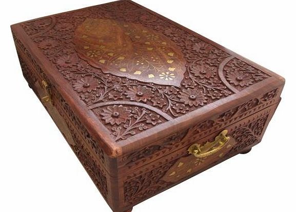15``x10`` Hand Carved Wooden Jewellery Box Velvet Lined Brass Inlay Bangle Holder