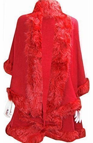W45 NEW WOMENS FAUX FUR TRIM LADIES CAPE PONCHO ROMANY IN PLUS SIZE 08-26. (ONE SIZE (UK 16-20), RED)