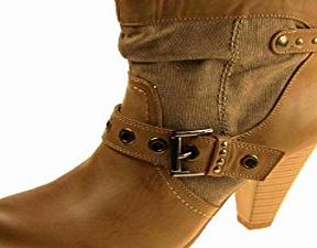 Centro LADIES FAUX LEATHER PULL ON ANKLE BOOTS BUCKLE STUD DETAIL NEW (4, TAN)