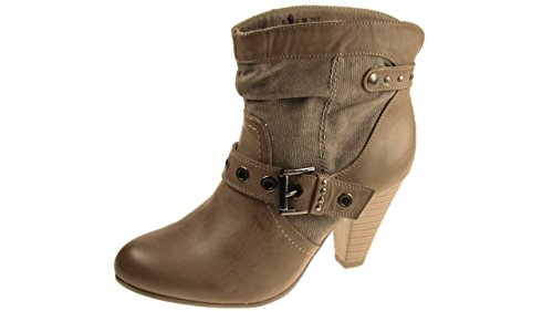 LADIES FAUX LEATHER PULL ON ANKLE BOOTS BUCKLE STUD DETAIL NEW (6, TAN)