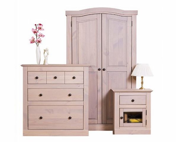 CENTURION PINE 07779 270996 SAND WASHED EFFECT PEMBROKE CLEAN AND CONTEMPORARY BEDROOM SET INCLUDES; 1 DOOR 1 DRAWER BEDSIDE, 3 DRAWER CHEST AND 2 DOOR WARDROBE FROM CENTURION PINE