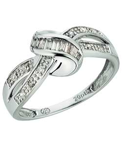 9ct White Gold Diamond Baguette Bow Ring