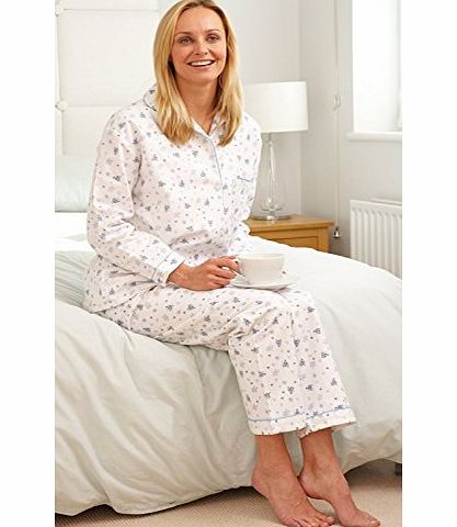 Ladies Brushed Cotton Winceyette Pyjamas with Long Sleeves, Breast Pocket, Elasticated Waist. Blue Floral Pattern on Cream 20/22