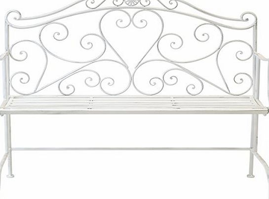 Charles Bentley Garden Heart-Shaped 2 Seater Wrought Iron Ornamented Bench Metal Outdoor Seat - Distressed White