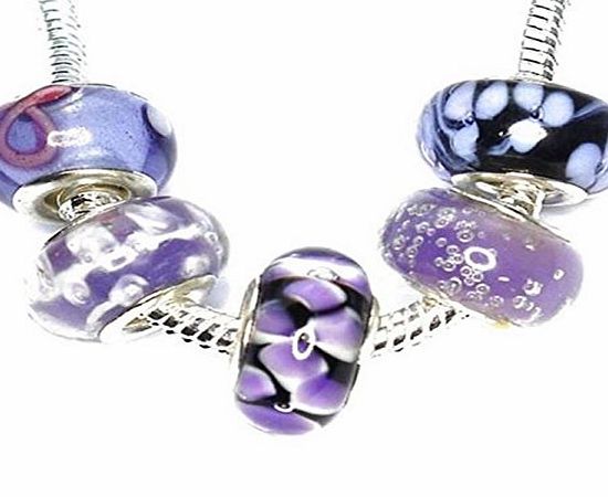 Charm Buddy 5 x Purple Glass Charm Beads Set with Silver Plated Cores Fits Pandora Troll Bracelets