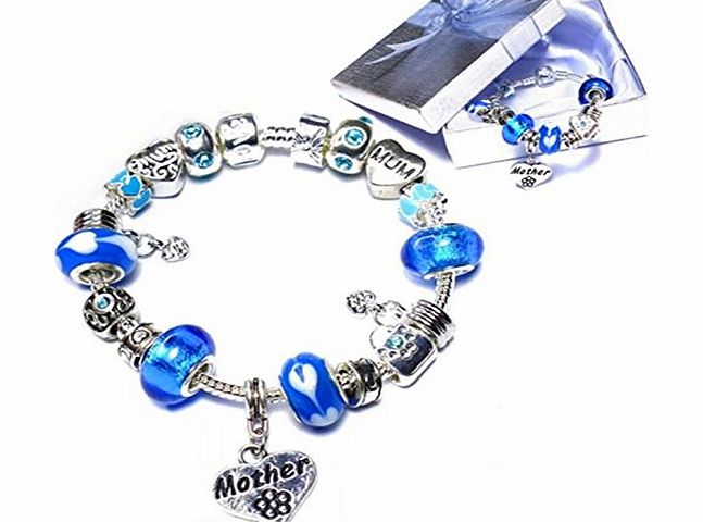 Charm Buddy Sparkly Aqua Blue Finished Gift Box Mother Mum Mothers Day Charm Bracelet fits Pandora Beads