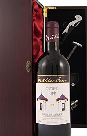 Chateau Bire Bordeaux Superieur 1995 Vintage Wine presented in a silk lined wooden presentation box with four wine accessories