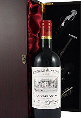 Chateau Junayme Bordeaux 1995 Vintage Wine presented in a silk lined wooden box with four wine accessories
