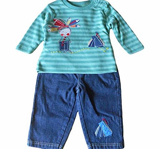 Cheeky Chimp 18-23 months - Baby Boys Outfit - Adorable Green Striped Little Indian Boy with Wigwam Long-sleeved Top amp; Blue Denim Trousers Set / Babies Clothes