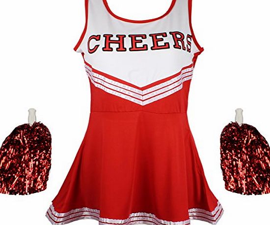 Cherry-on-Top Cheerleader Fancy Dress Outfit Uniform High School Musical Costume With Pom Poms Red Cheerleader, Large
