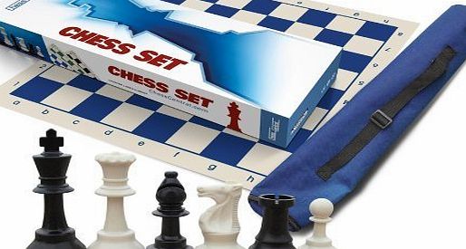 ChessCentral Premium Chess Set, Triple Weighted Chess Pieces (34 pieces-2 extra Queens), Blue Roll-Up Board and Blue Canvas Tube (Quiver) Tote Bag by ChessCentral