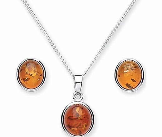 Chic Silver Amber Oval Pendant and Earring Set with 46cm Chain