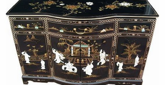 China Warehouse Direct Chinese Furniture - Black Lacquer Bow Front Sideboard with Mother of Pearl Inlay, Oriental Furniture