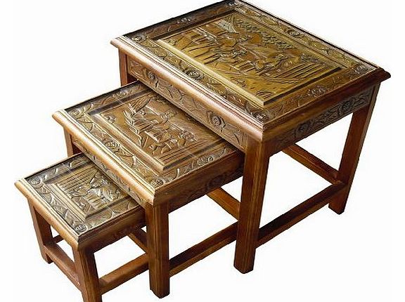 China Warehouse Direct Chinese Oriental Furniture - Handcarved Nest of 3 Tables with Glass in Oak Finish
