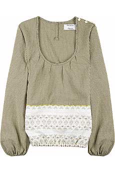 Neutral check round neck blouse with a contrast embroidered border hem.