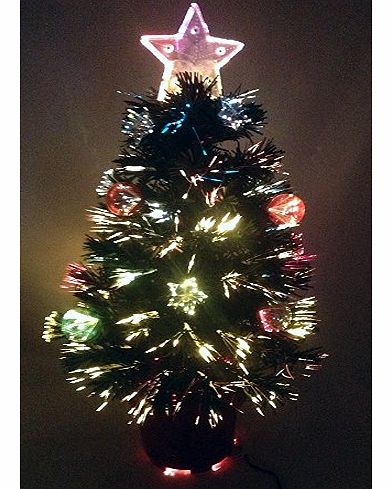 2FT GREEN FIBRE OPTIC CHRISTMAS TREE WITH STARS AND BAUBLES AND RED BASE