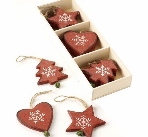 Box of 12 Wooden Heart, Star amp; Tree Christmas Decorations
