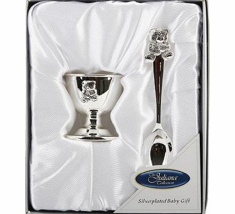 Cigala-Art UK Silver Plated Teddy Spoon and Egg Cup - New Baby, Christening Gift for Boy or Girl (6305NT))
