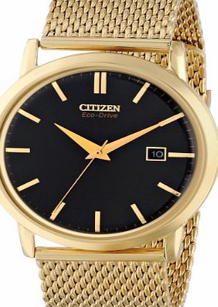 Citizen Watch Mesh Mens Quartz Watch with Black Dial Analogue Display and Gold Stainless Steel Gold Plated Bracelet BM7192-51E