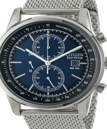 Citizen Watch Mesh Mens Quartz Watch with Blue Dial Chronograph Display and Silver Stainless Steel Bracelet CA0331-56L