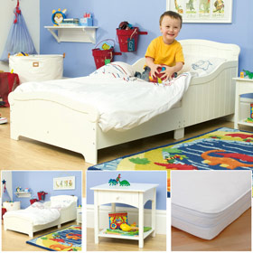 Toddler Bed, Bedside Table and Pocket Sprung Cool Flow Mattress - SAVE andpound;25