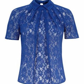 Blue Lace Collared Pleated Blouse 3192226