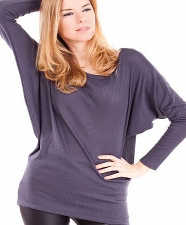 Clothes Effect Charcoal Ladies Thermal Ribbed Pattern Winged Dolman Sleeves Top